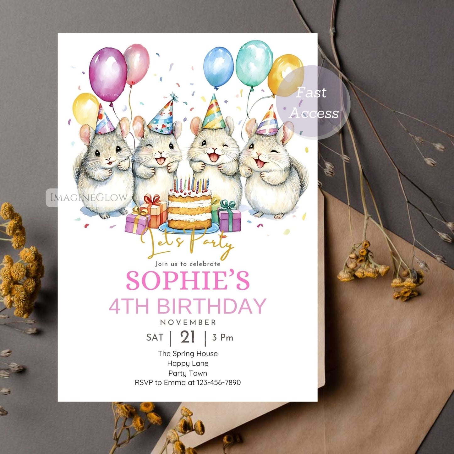Digital download chinchilla birthday invitation