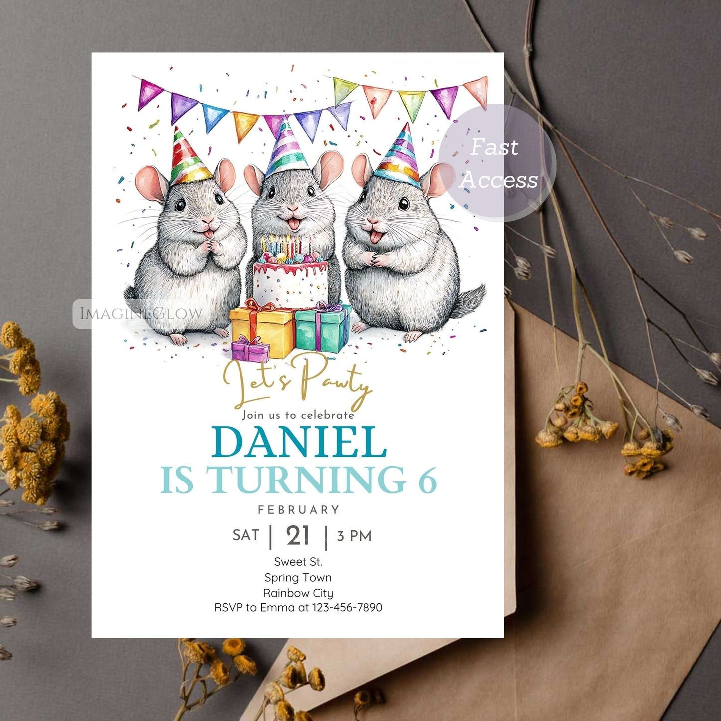 Digital chinchilla invitation for a fun birthday celebration.