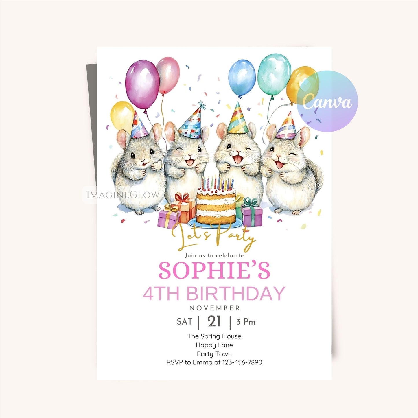 Adorable chinchilla party invitation template