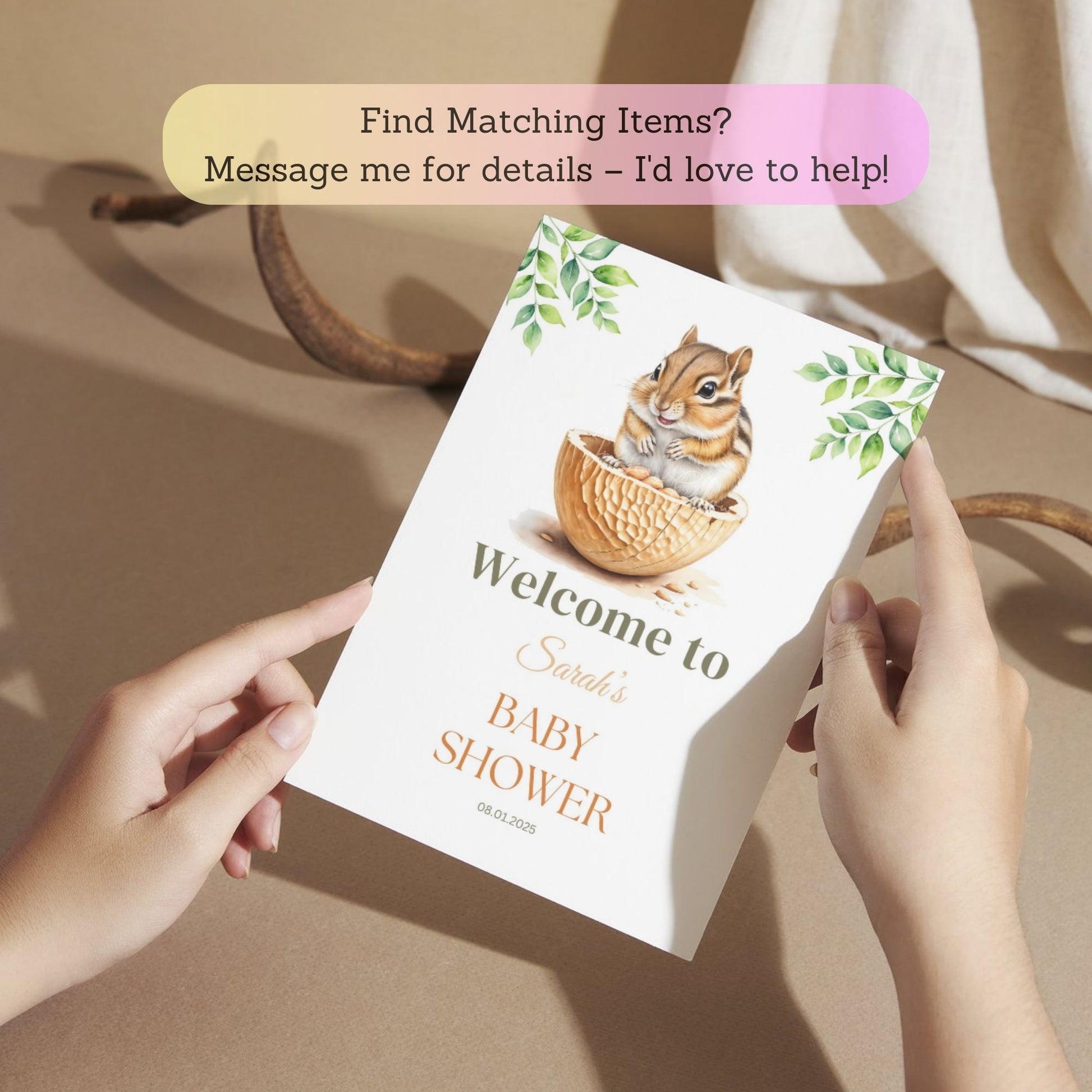 Baby shower welcome sign with chipmunk design for gender-neutral celebration.