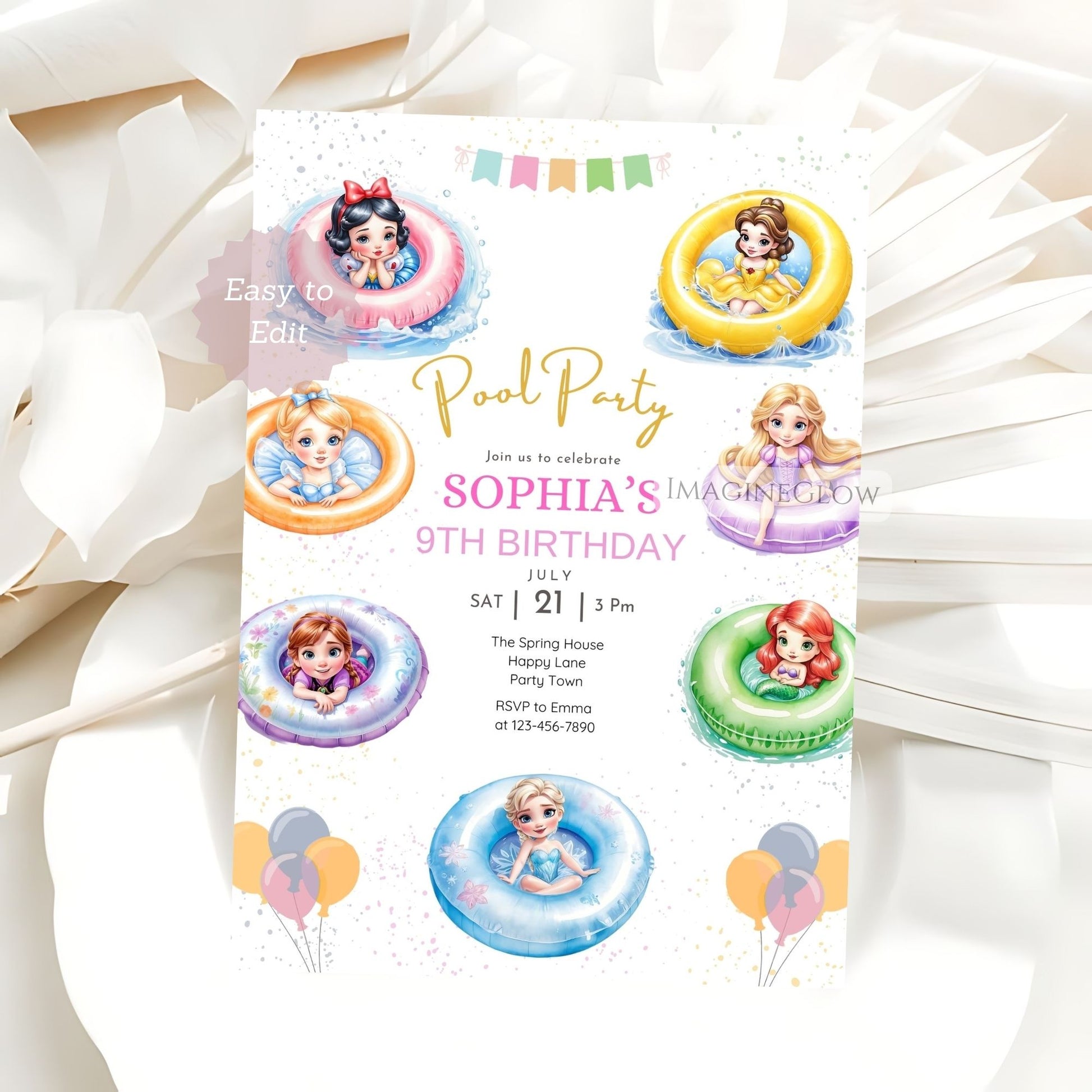 magical summer princess birthday invite
cinderella snow white party card