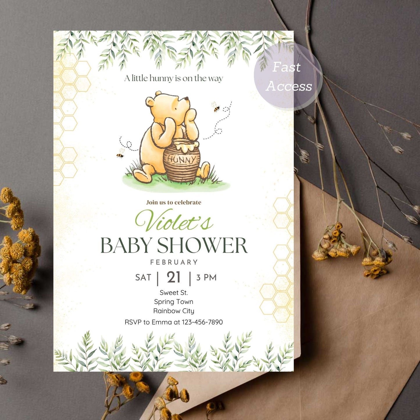 Gender-neutral baby shower invite with bear
