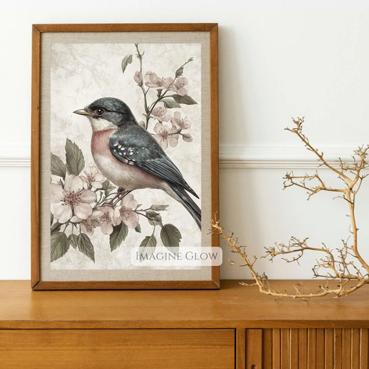 Vintage bird perched on a flowering branch illustration.