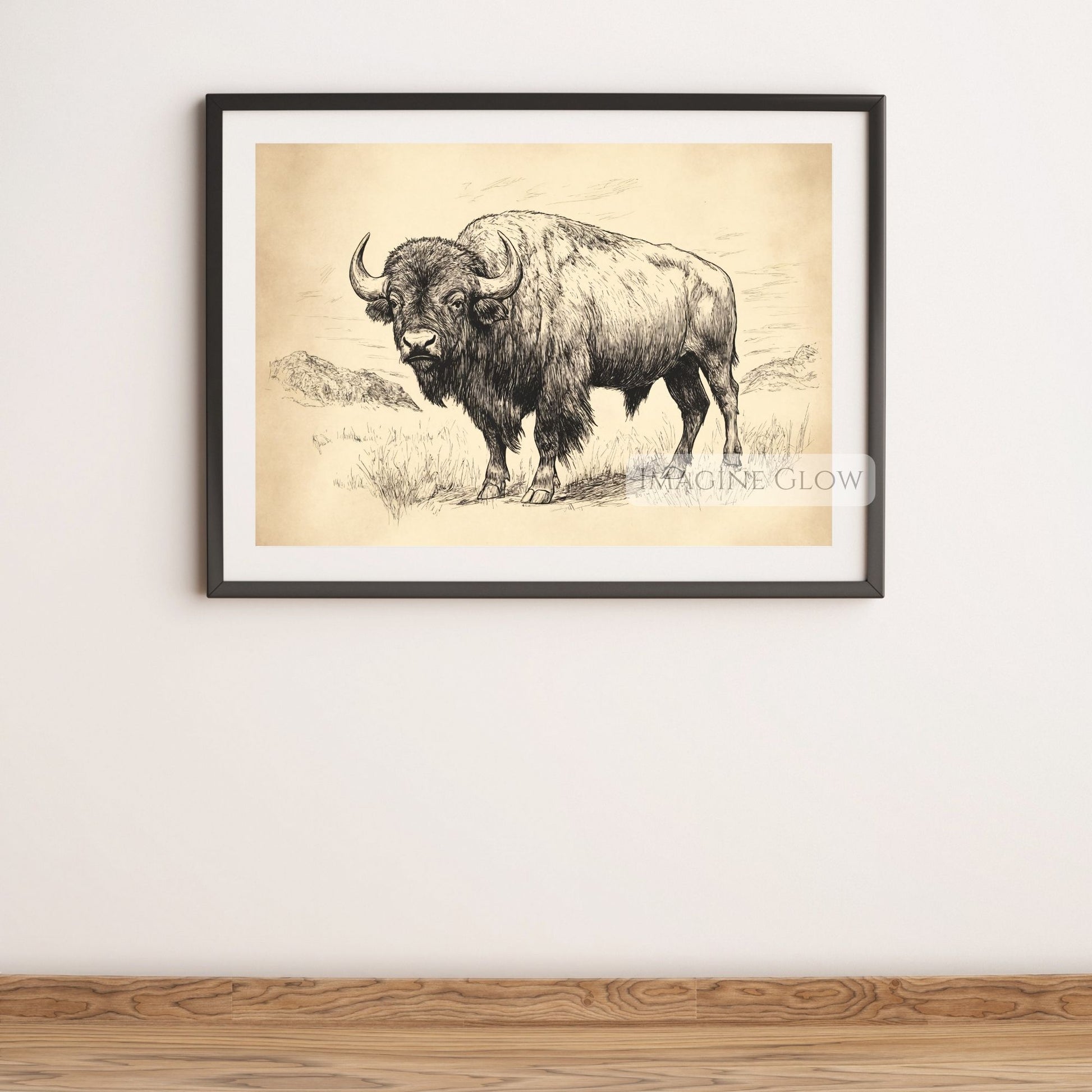 Antique-style buffalo artwork for vintage interiors.