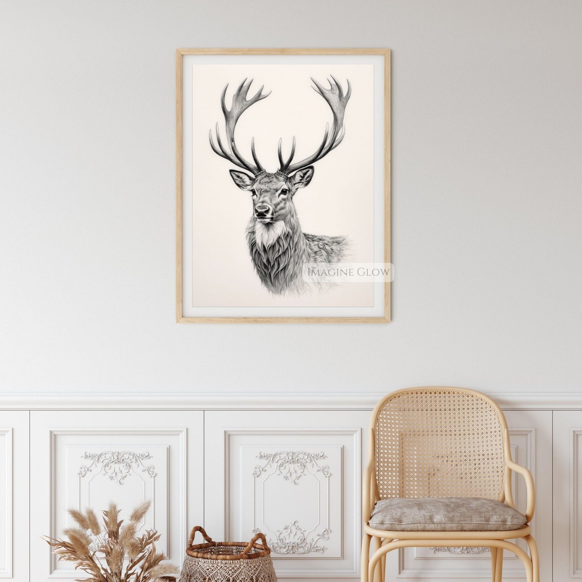 Rustic farmhouse stag sketch for home decor.