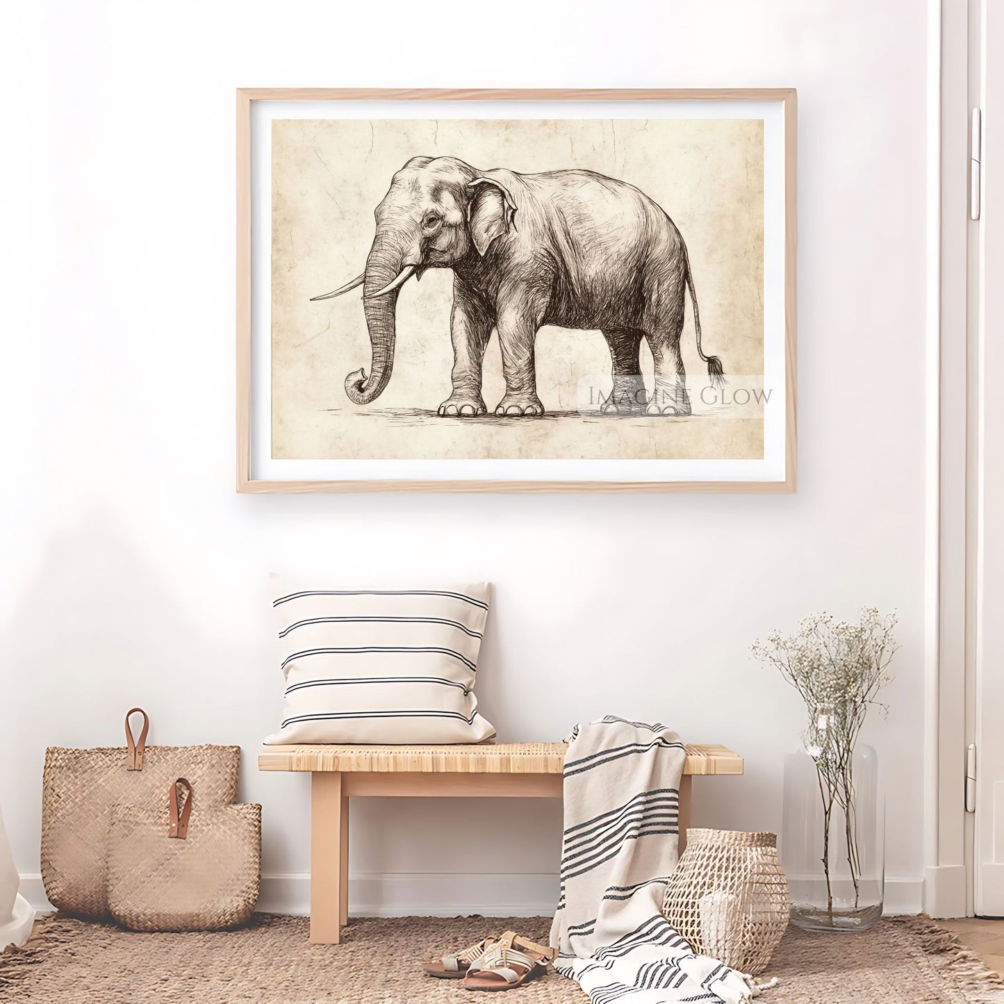 Minimalist elephant illustration for nature-inspired spaces.