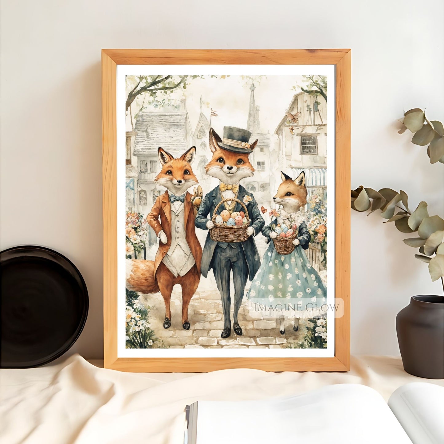 Antique Fox Artwork - Easter Egg & Flowers