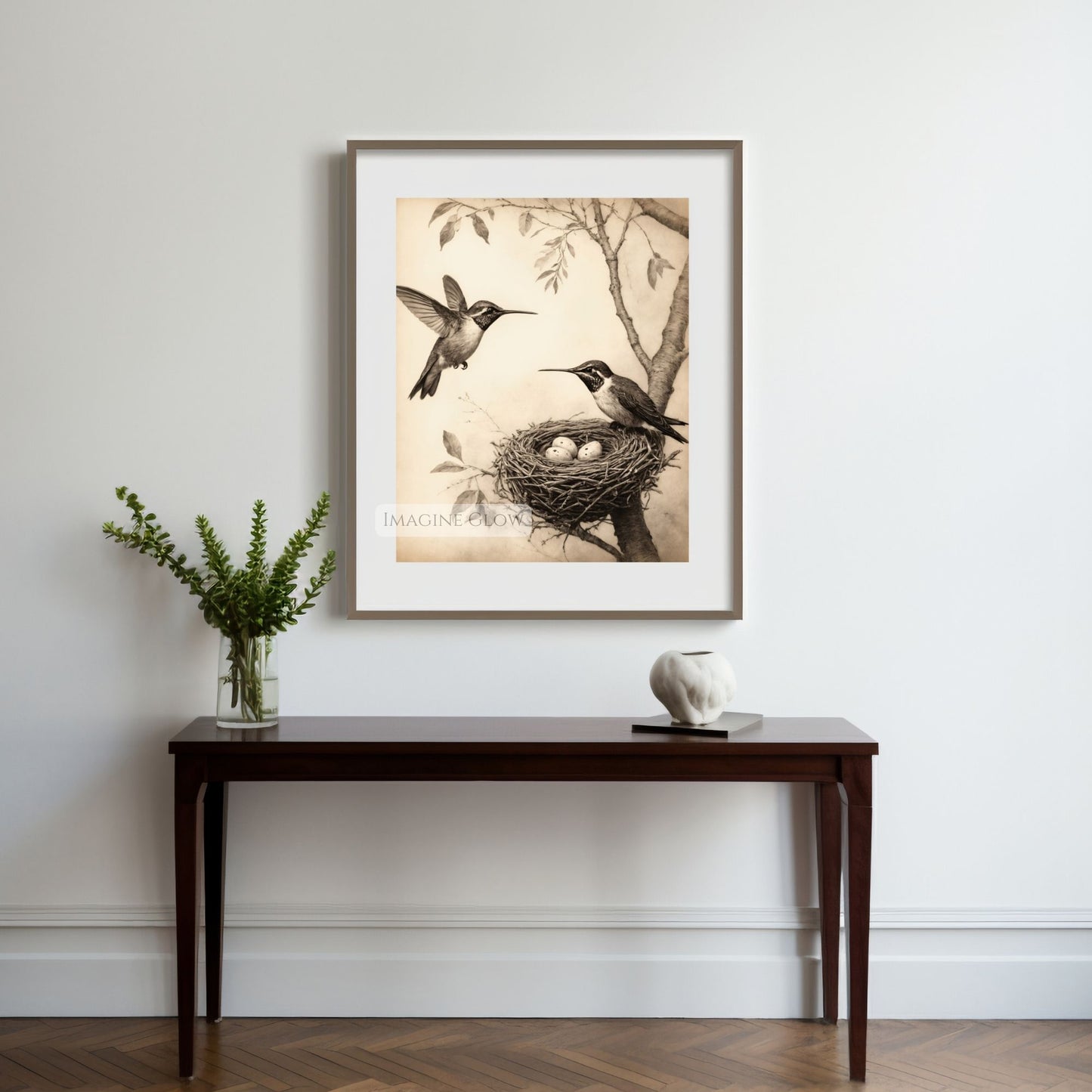 Ornithology artwork of two hummingbirds nesting