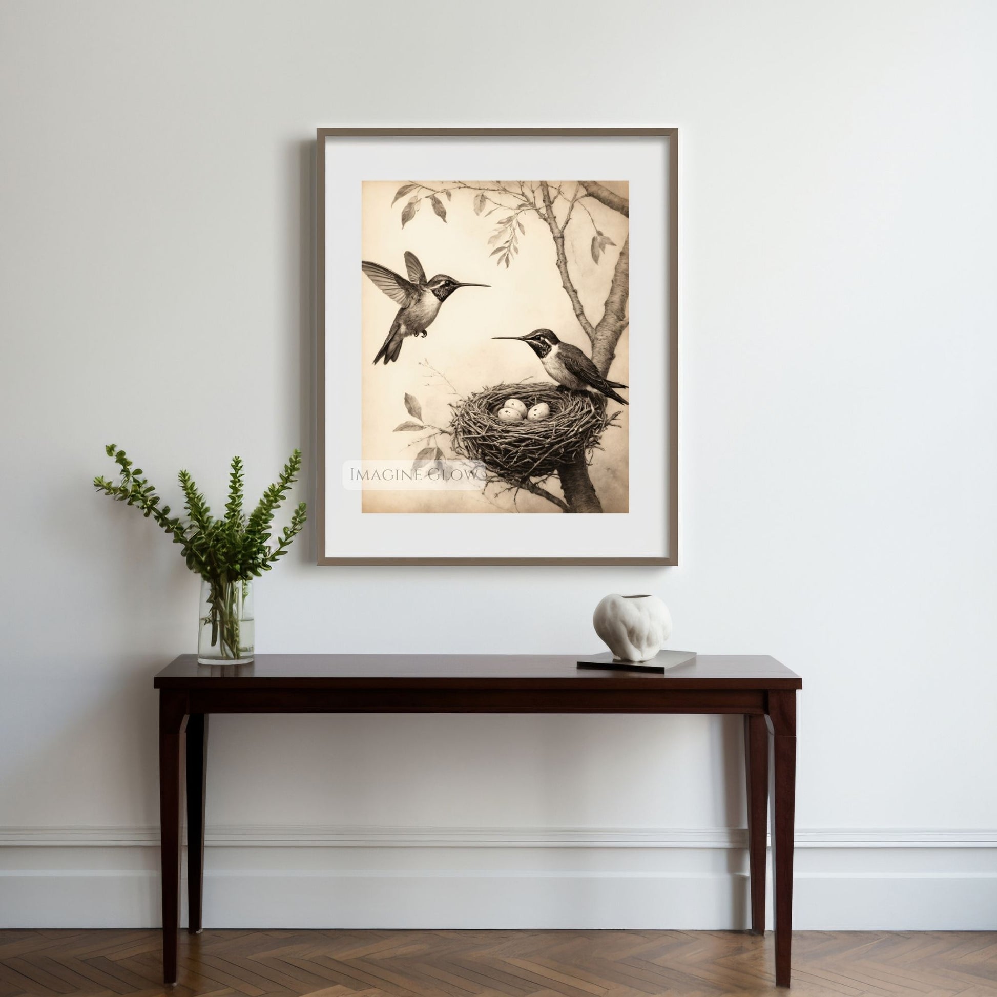 Ornithology artwork of two hummingbirds nesting
