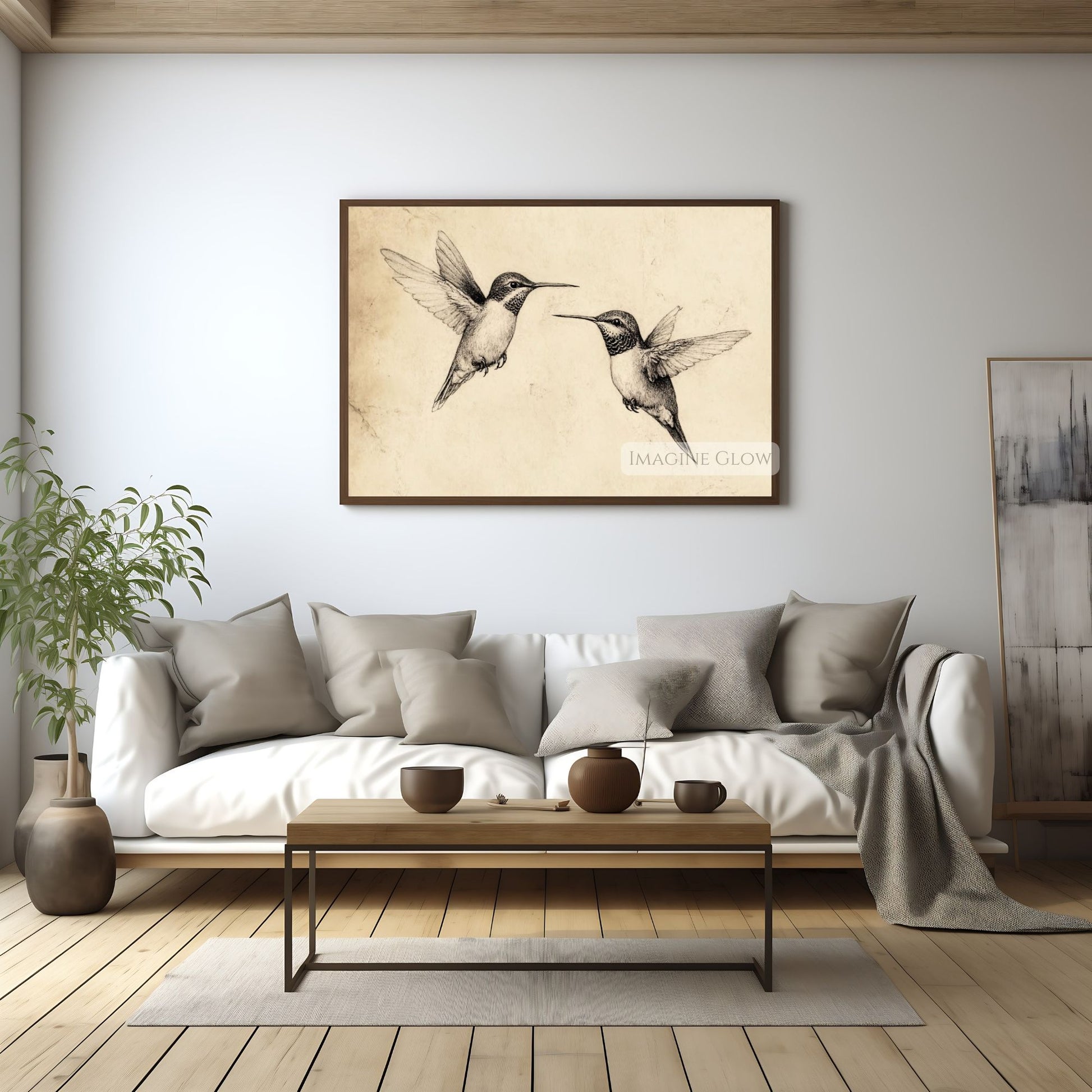 Traditional pencil drawing of hummingbirds