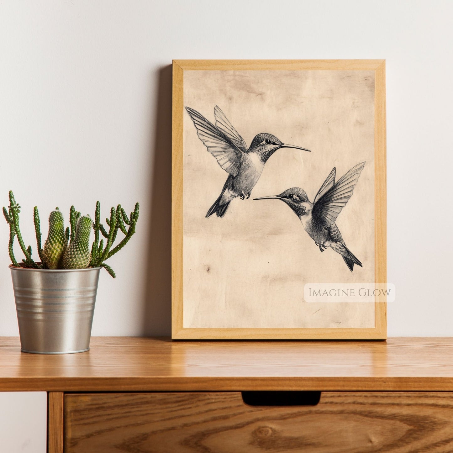 Two hummingbirds perched botanical sketch print