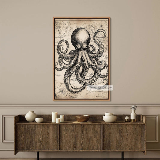 Hand-drawn octopus sketch vintage art print for nautical decor.
