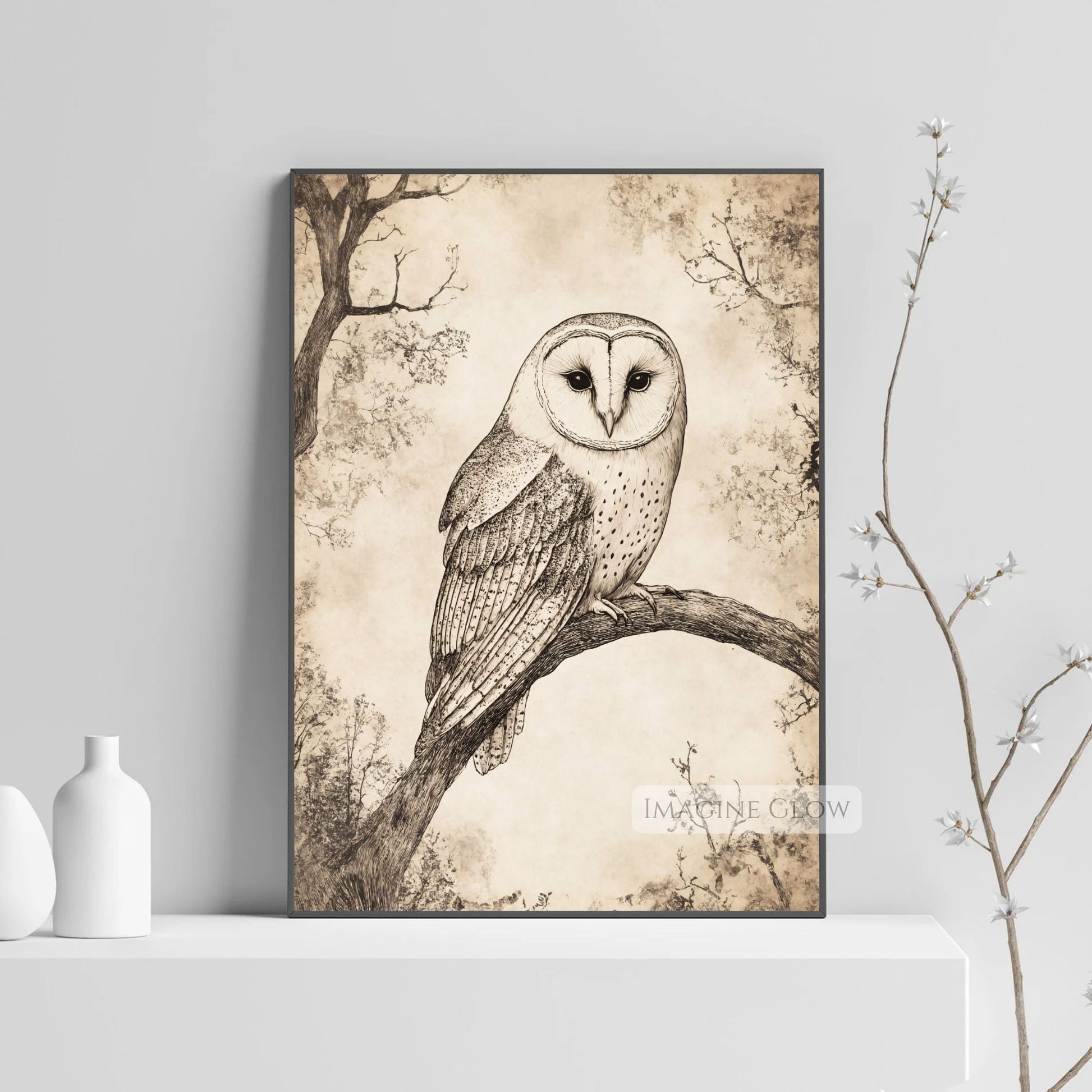 Detailed owl pencil illustration for vintage home decor.