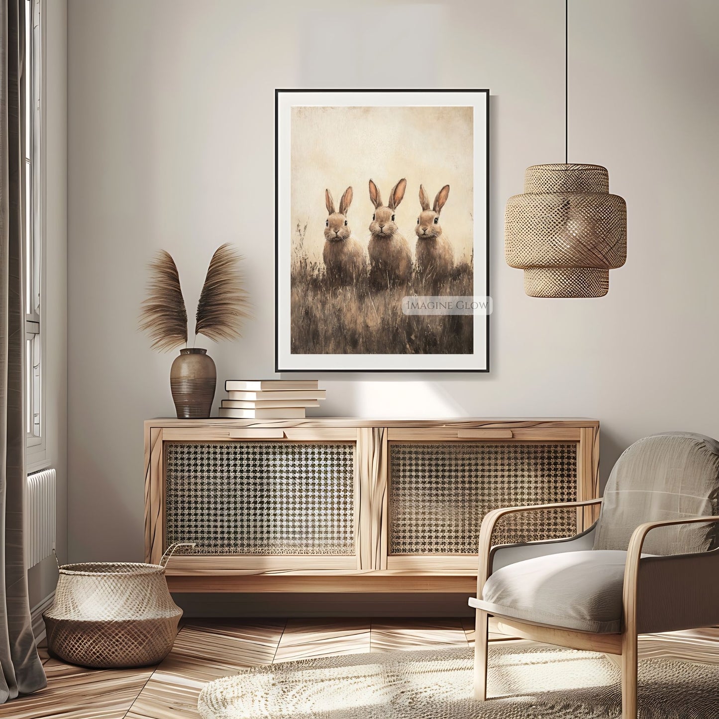 Soft pastel rabbit print in a nature-inspired setting