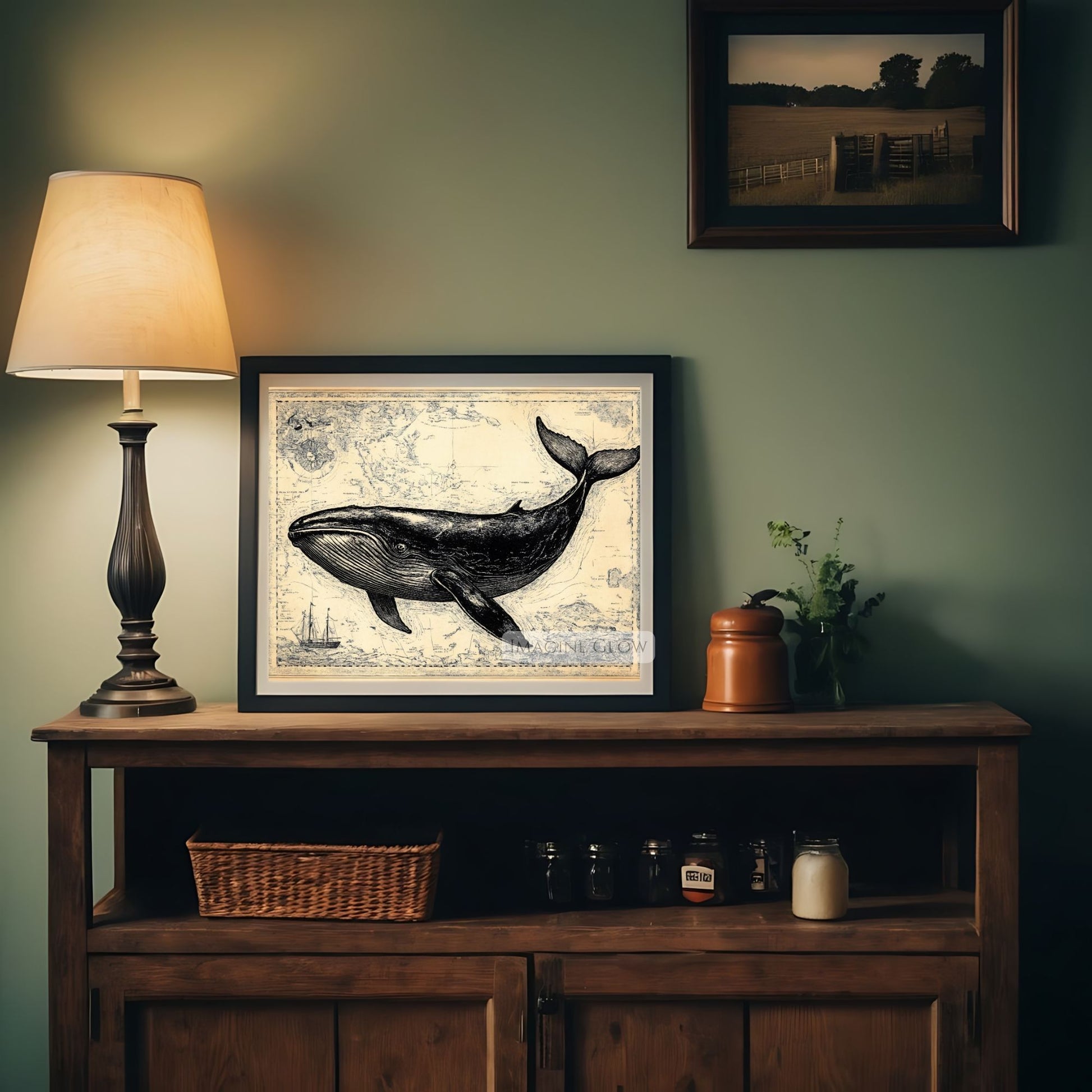 Antique-style whale artwork for maritime decor.