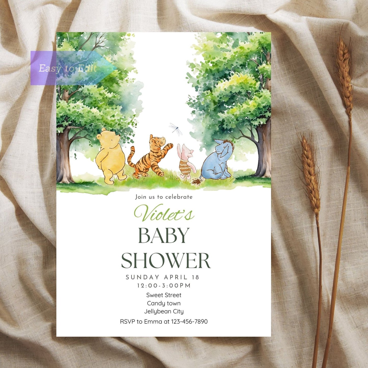 Printable woodland baby shower invite with Winnie the Pooh characters.