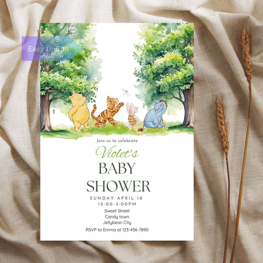 Printable woodland baby shower invite with Winnie the Pooh characters.