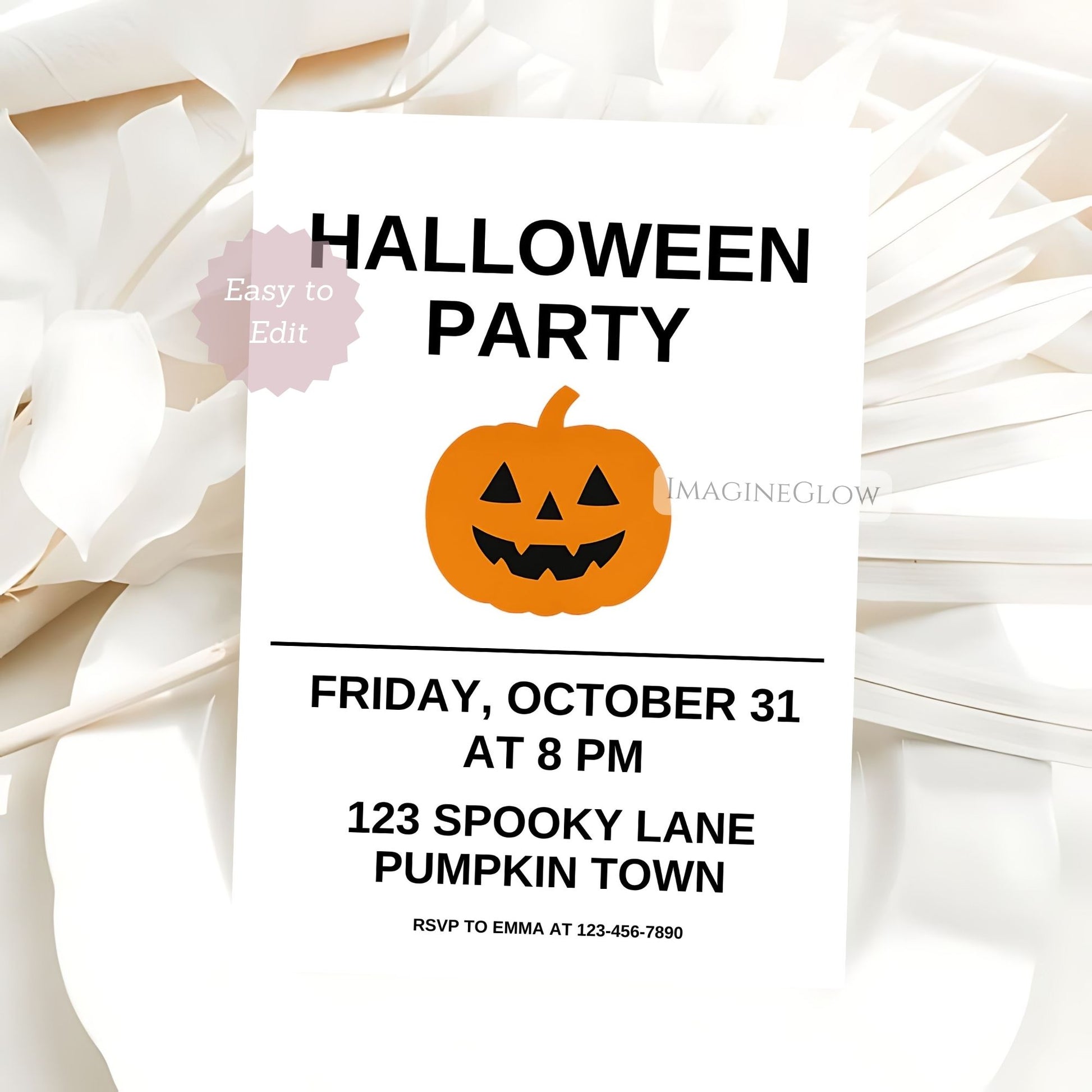 Halloween party invitation with pumpkin graphic and text on a white background
