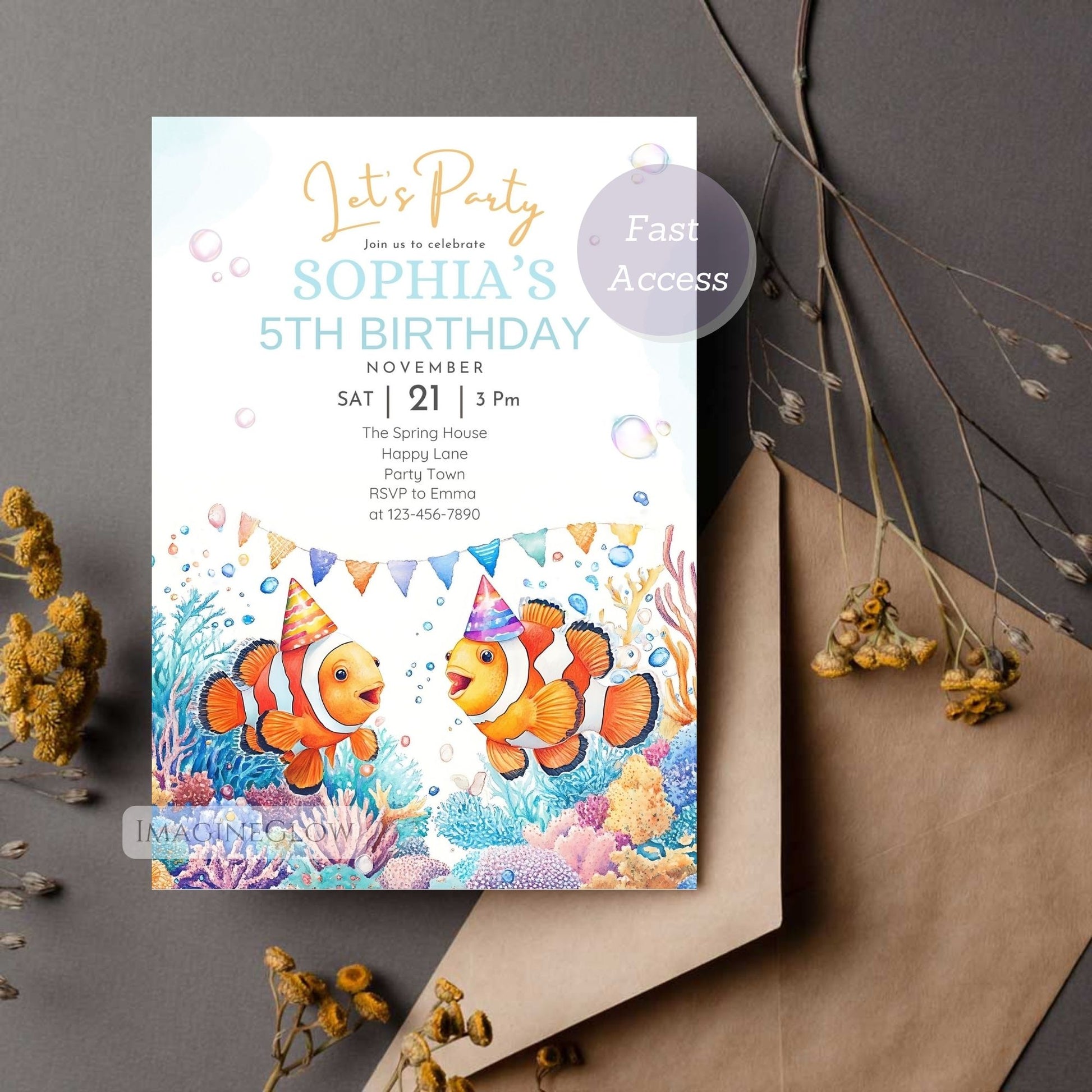 Instant download clownfish birthday invitation
Bright clownfish birthday invitation under the sea