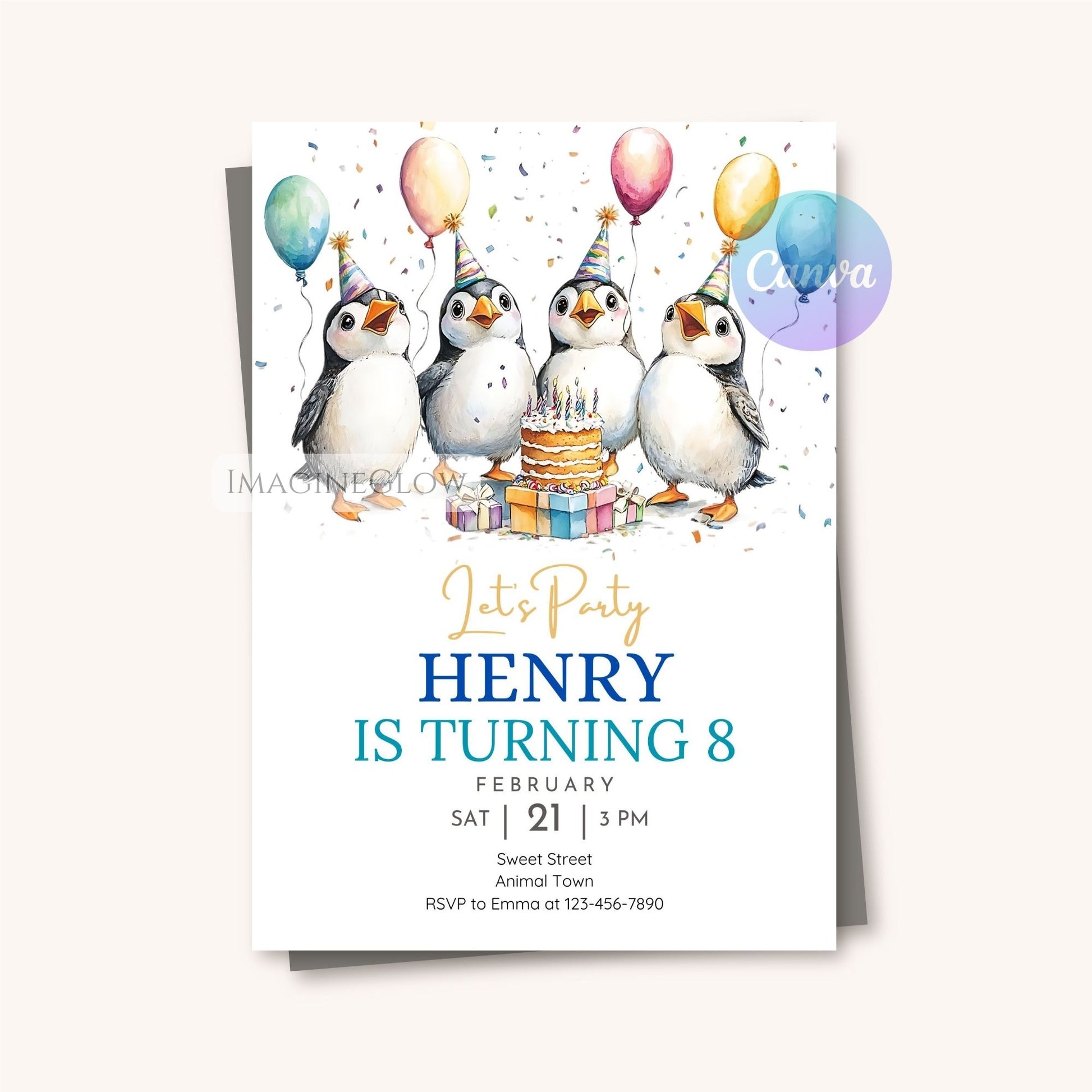 Bird-themed birthday party invite puffin