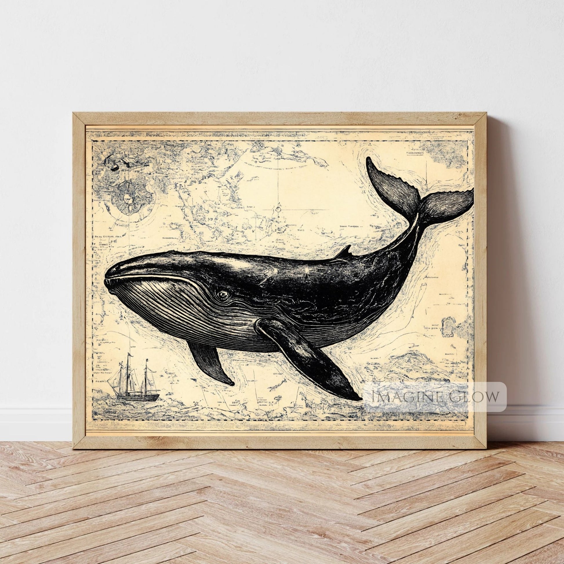 Nautical whale artwork for coastal-themed interiors.