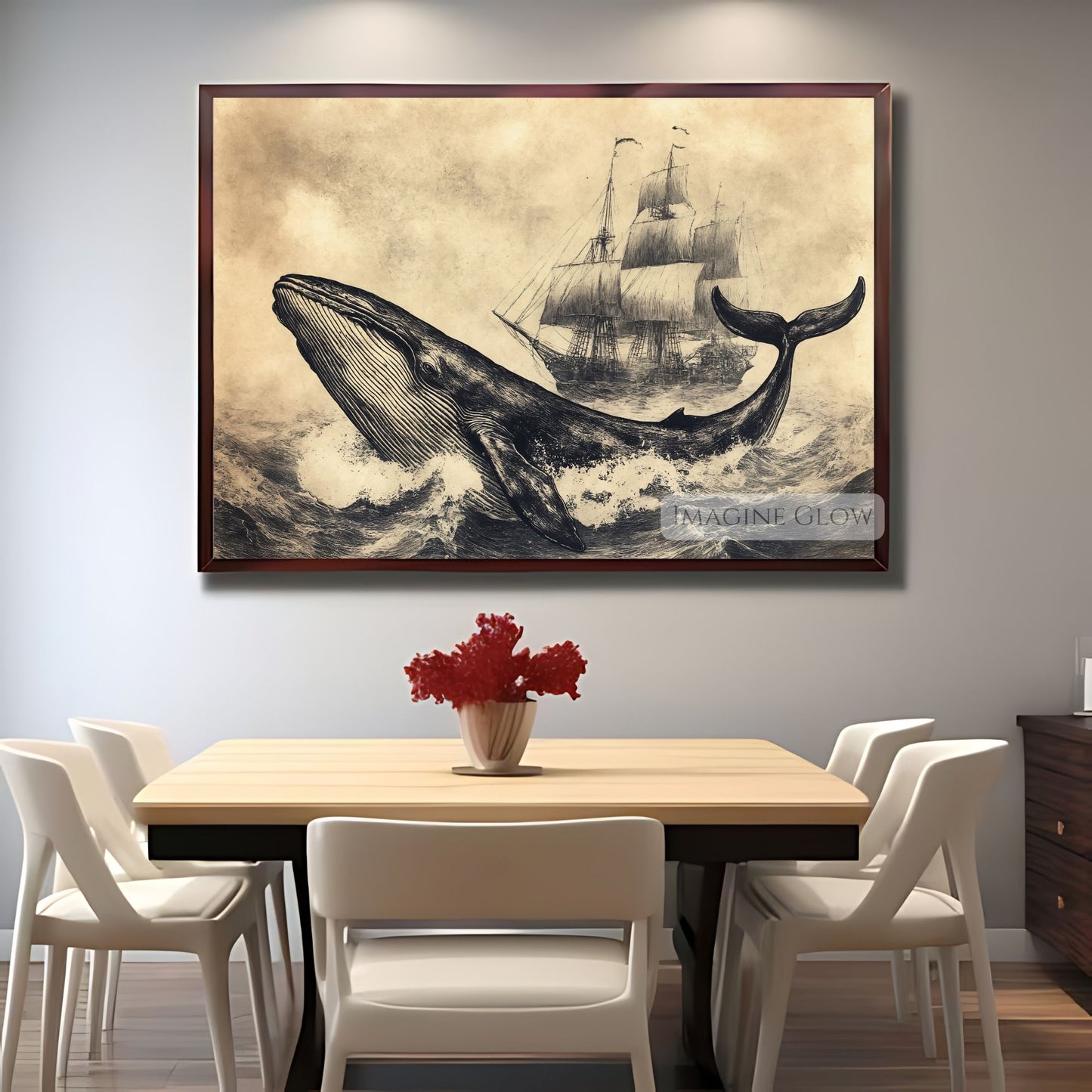 Classic marine life sketch with ship and whale.