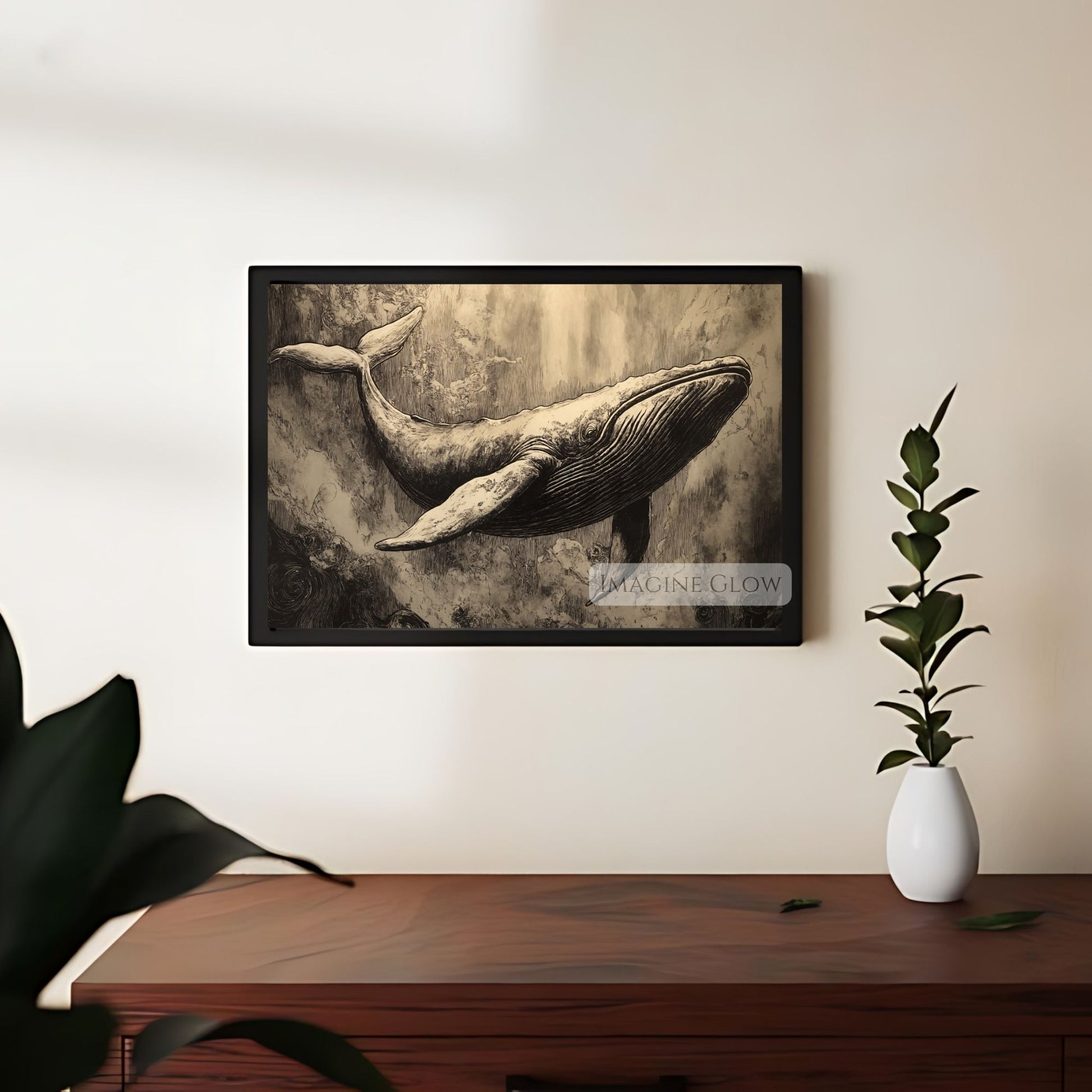 Classic whale illustration for rustic home styling.