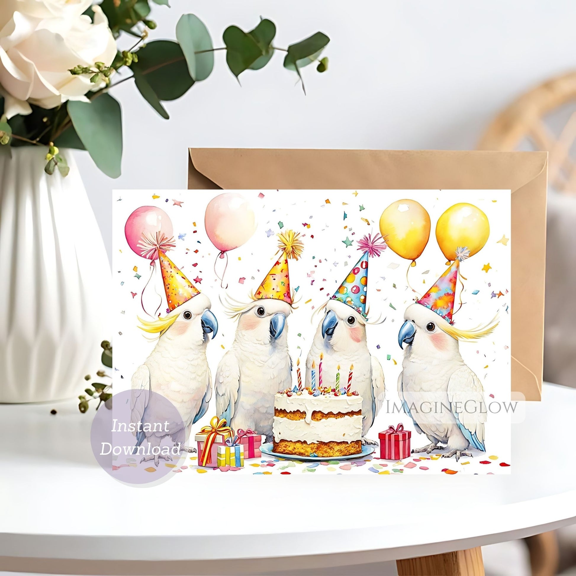 Birthday card with cartoon birds wearing party hats, a cake, and balloons on a white surface.