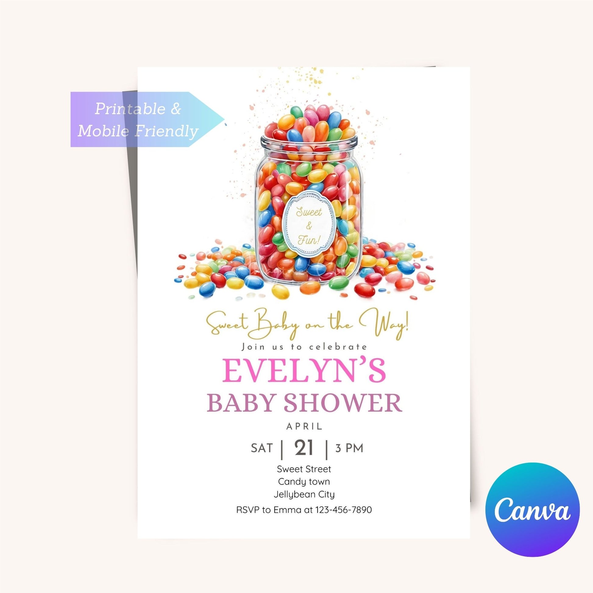 Sweet jellybean-themed baby shower invite for celebrations.
Gender-neutral baby shower invitation with jellybean design.