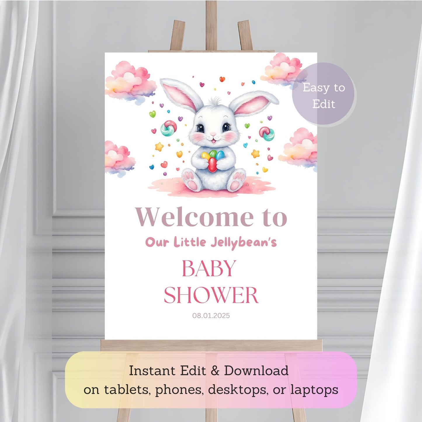 Personalized jellybean theme baby shower poster with bunny pink girl design.
