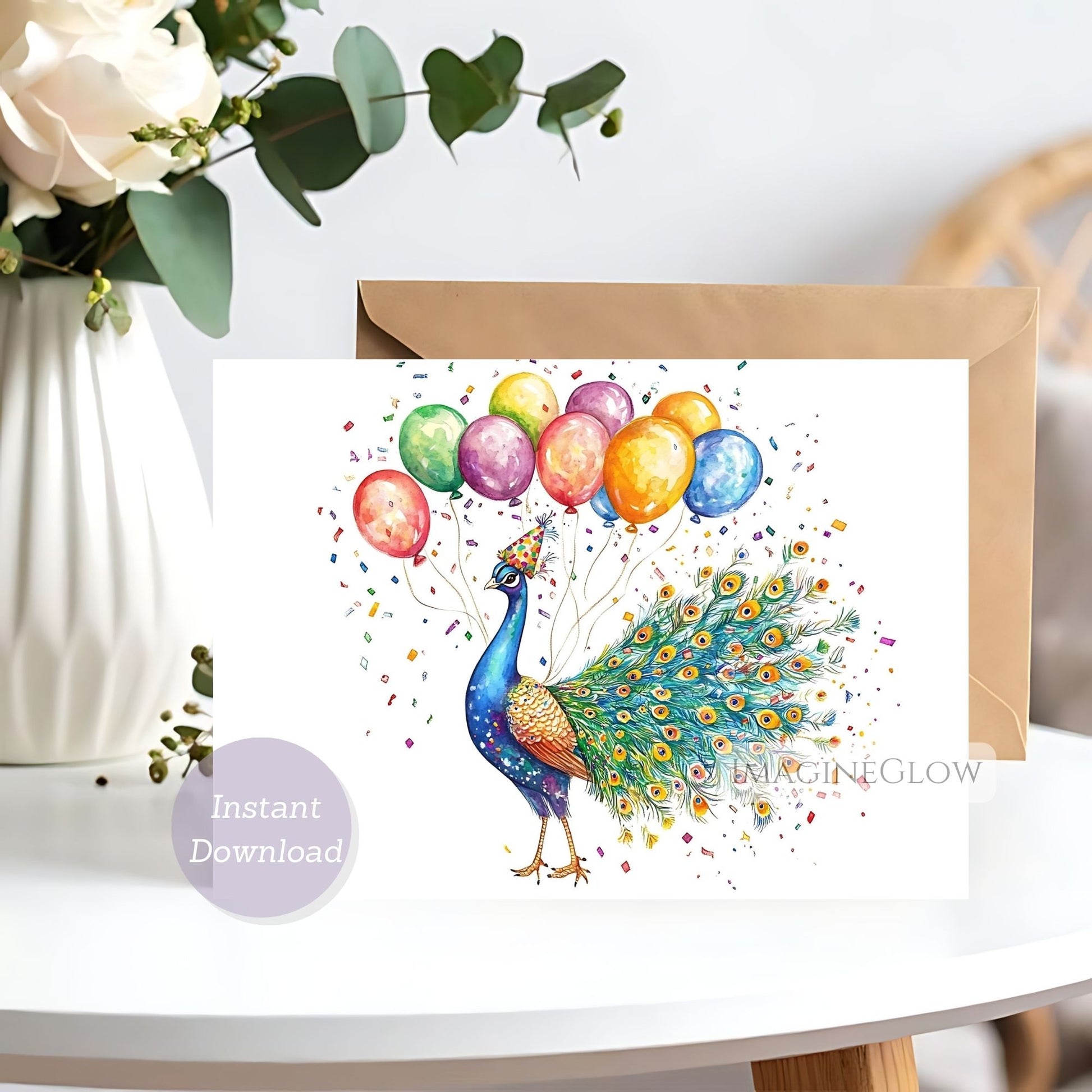 Greeting card with a peacock and balloons on a white surface with flowers in the background.