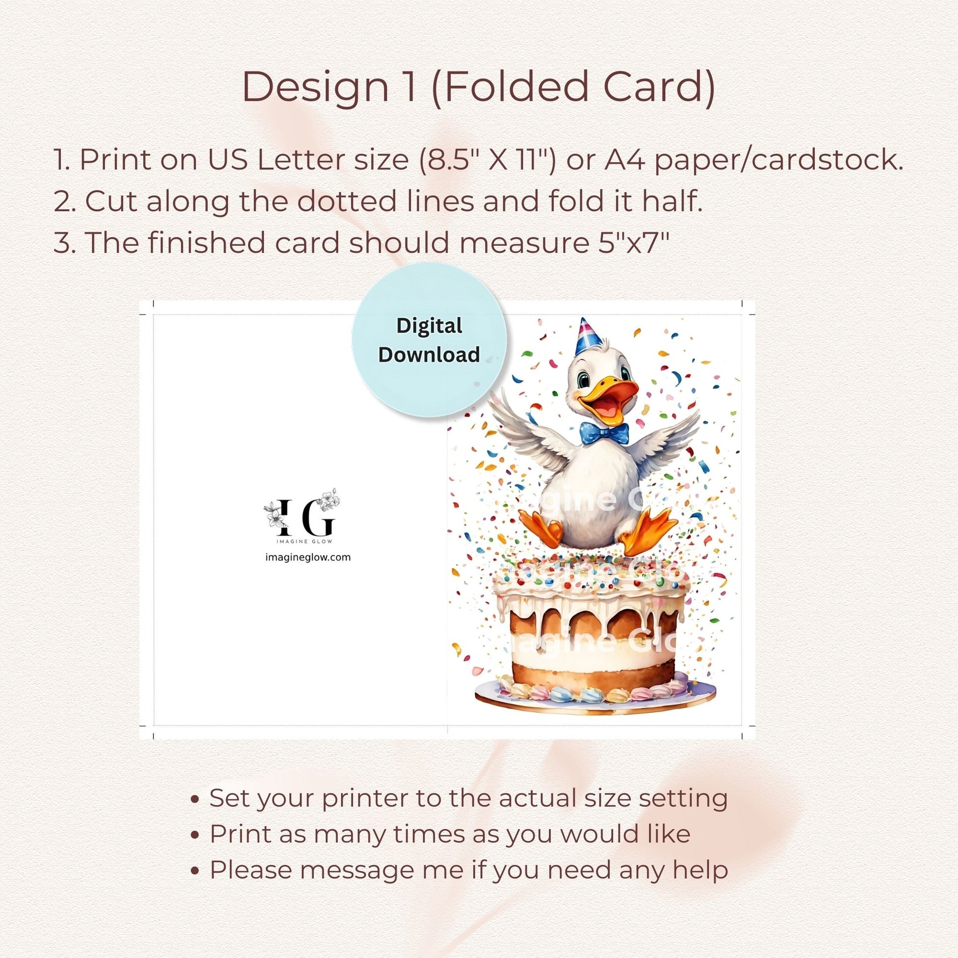 Vibrant and colorful duck birthday greeting card printable.