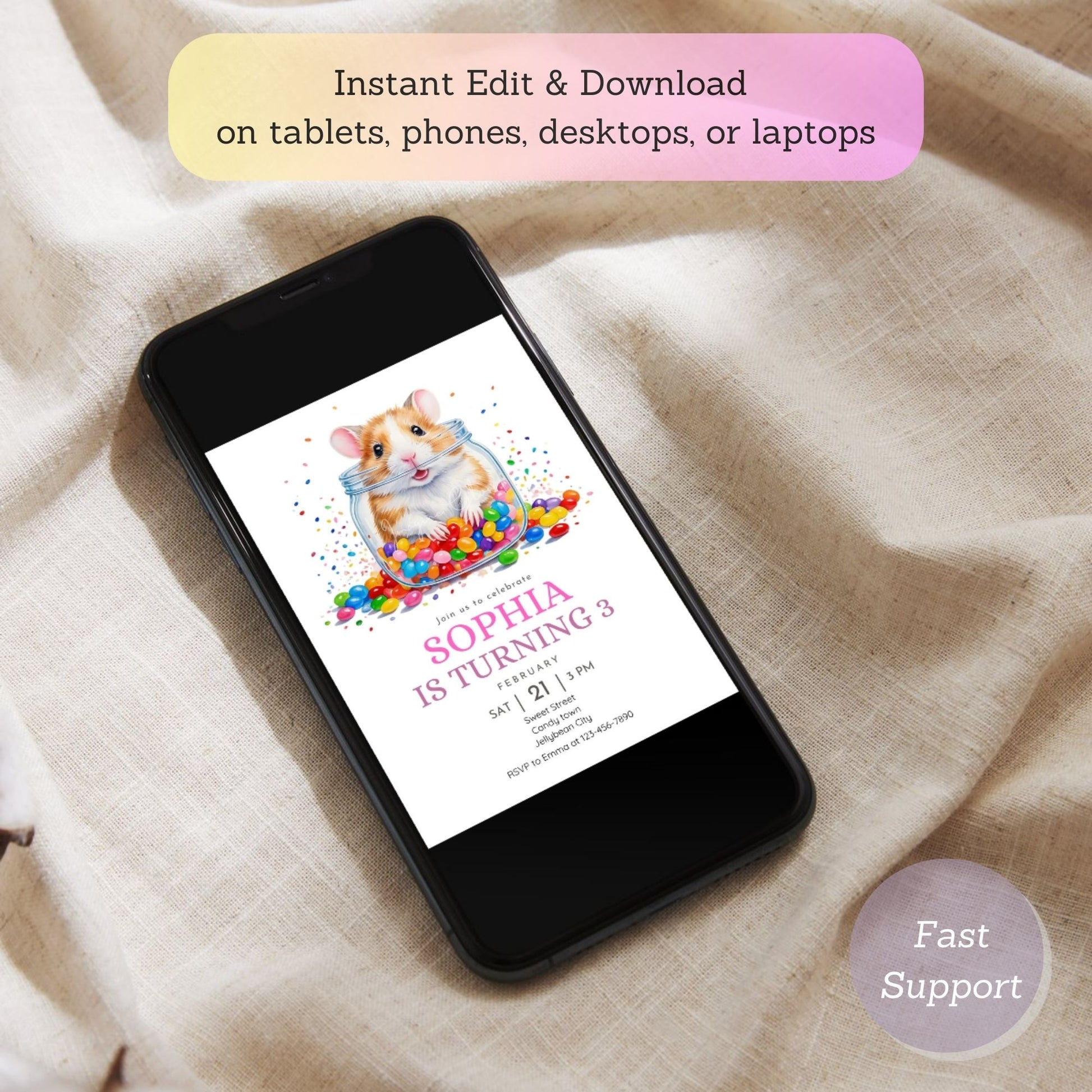 Fun kids’ party invite featuring a hamster and jellybeans.