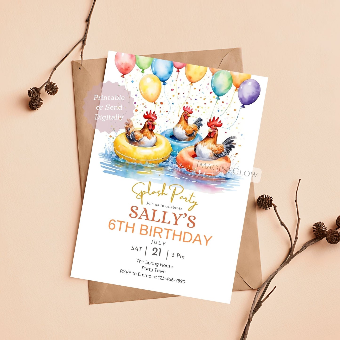 Chicken Pool Party Birthday Invitation – Rooster Swim Party Invite