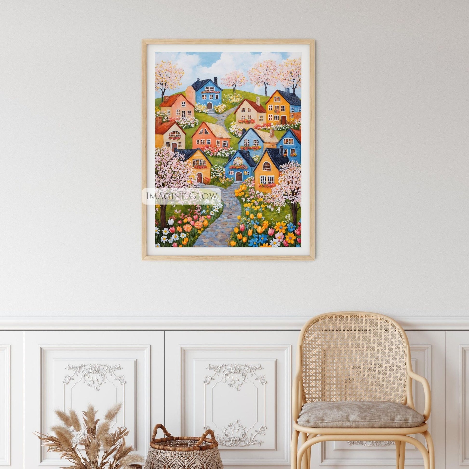 Cozy countryside scene with blooming trees and folk art style