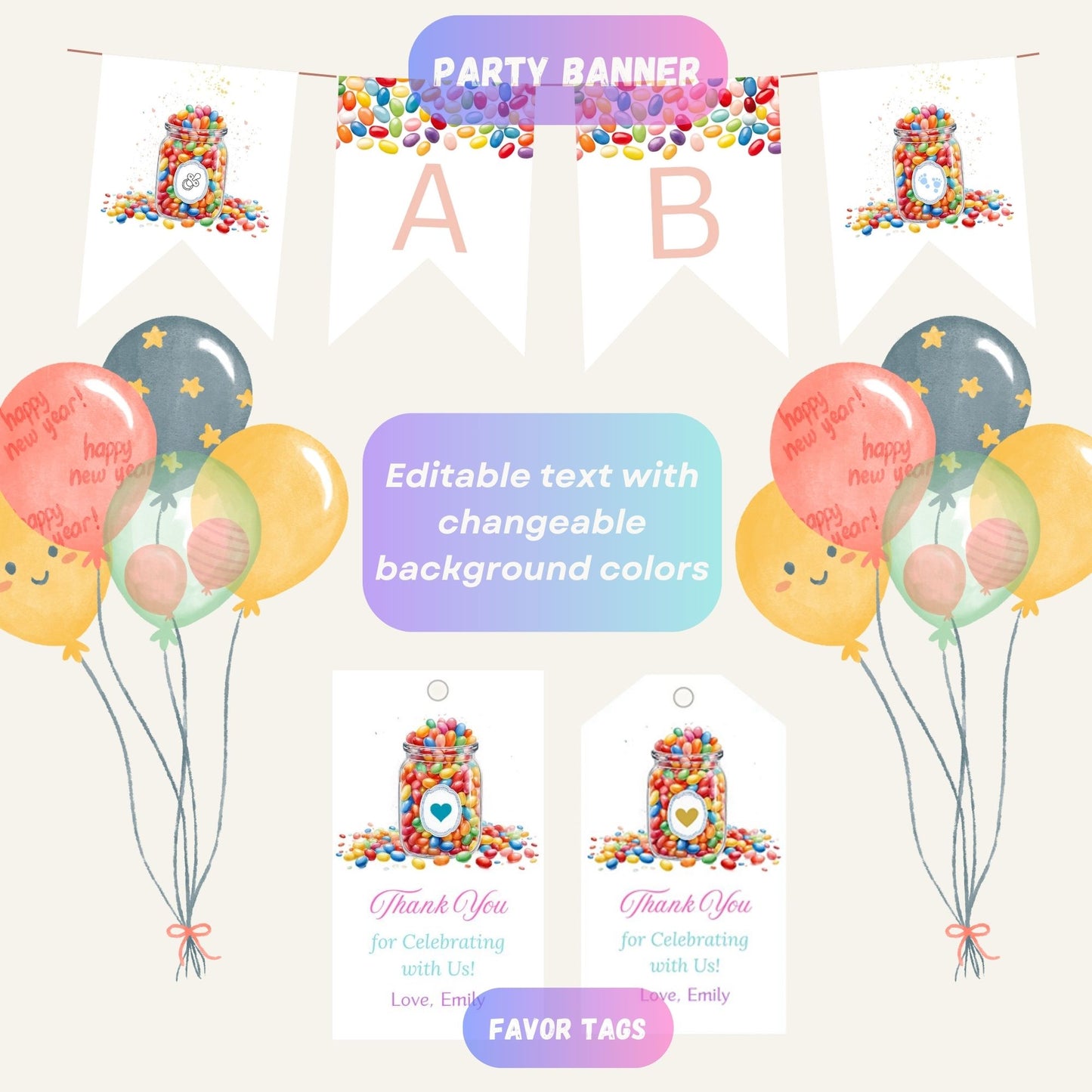 Customizable jellybean baby shower invitation bundle.