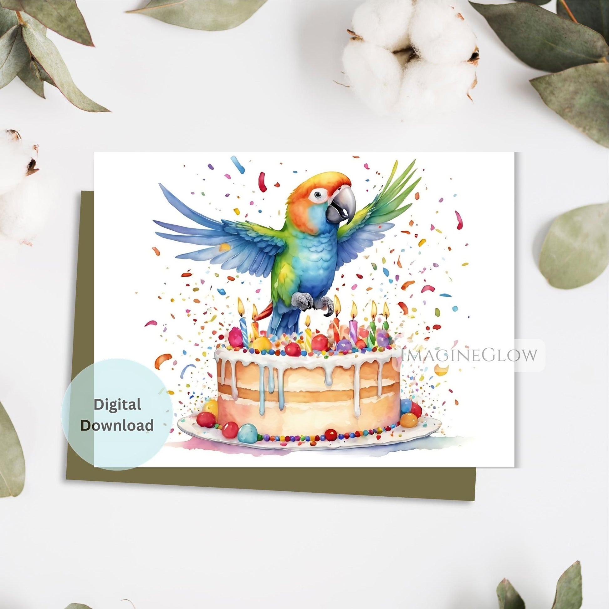 Digital download card with a colorful parrot on a birthday cake against a white background.