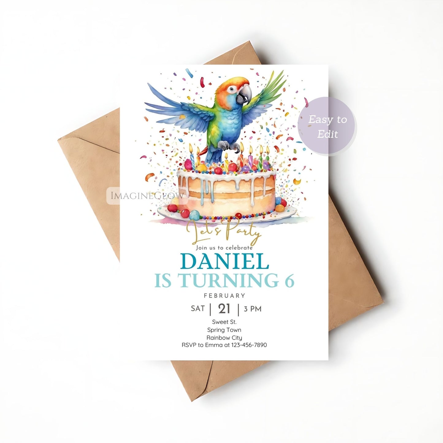 Printable parrot party invite with tropical elements.