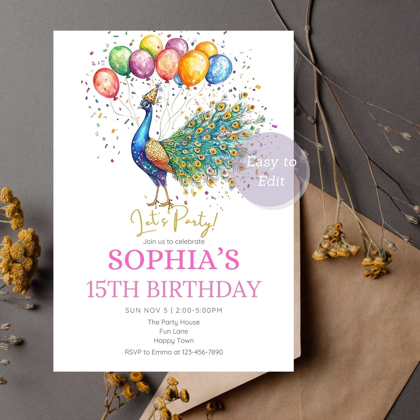 Colorful animal birthday invitation featuring a peacock design