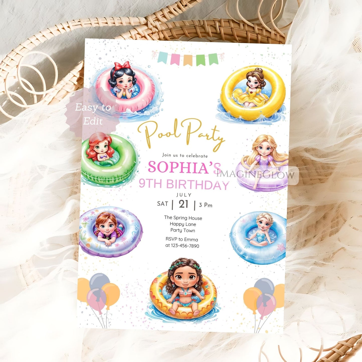 Birthday party invitation with Princess in pool floats on a textured surface