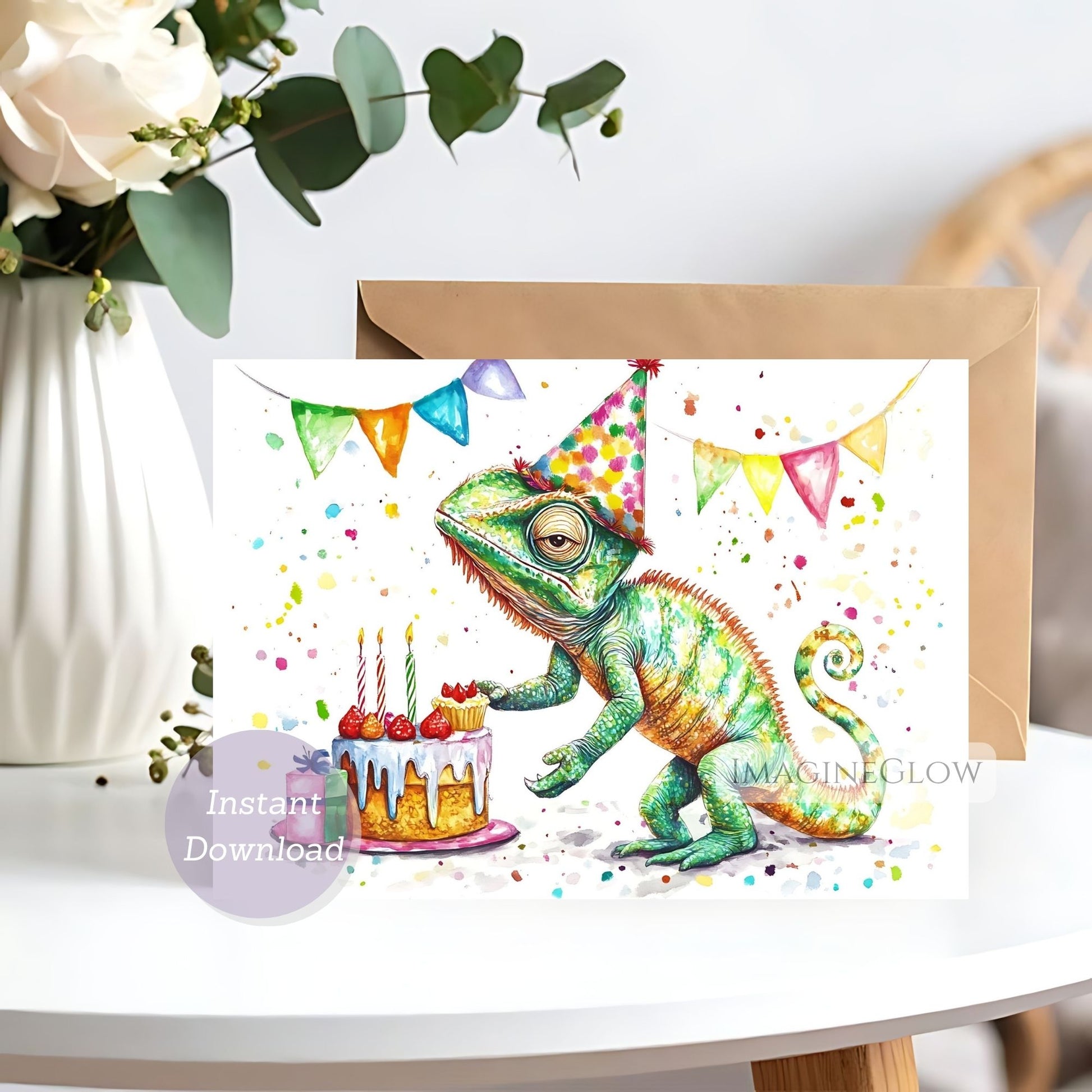 Birthday card with a colorful chameleon and cake illustration
