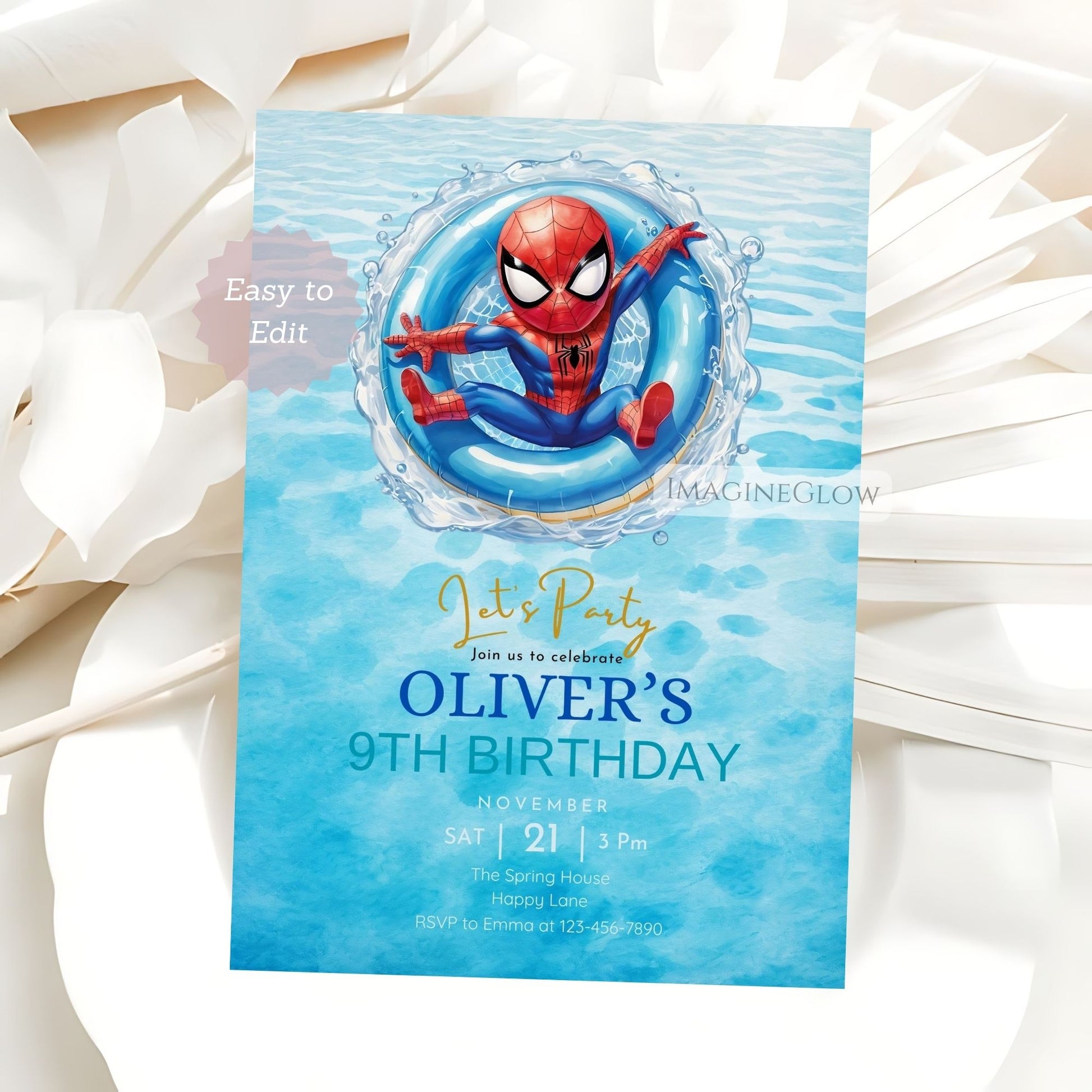 Birthday invitation card with Spider-Man in water, on a white background