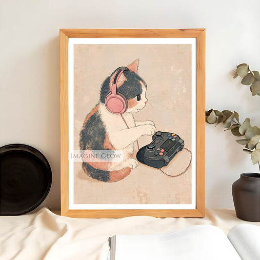 Gamer cat holding a controller wall art