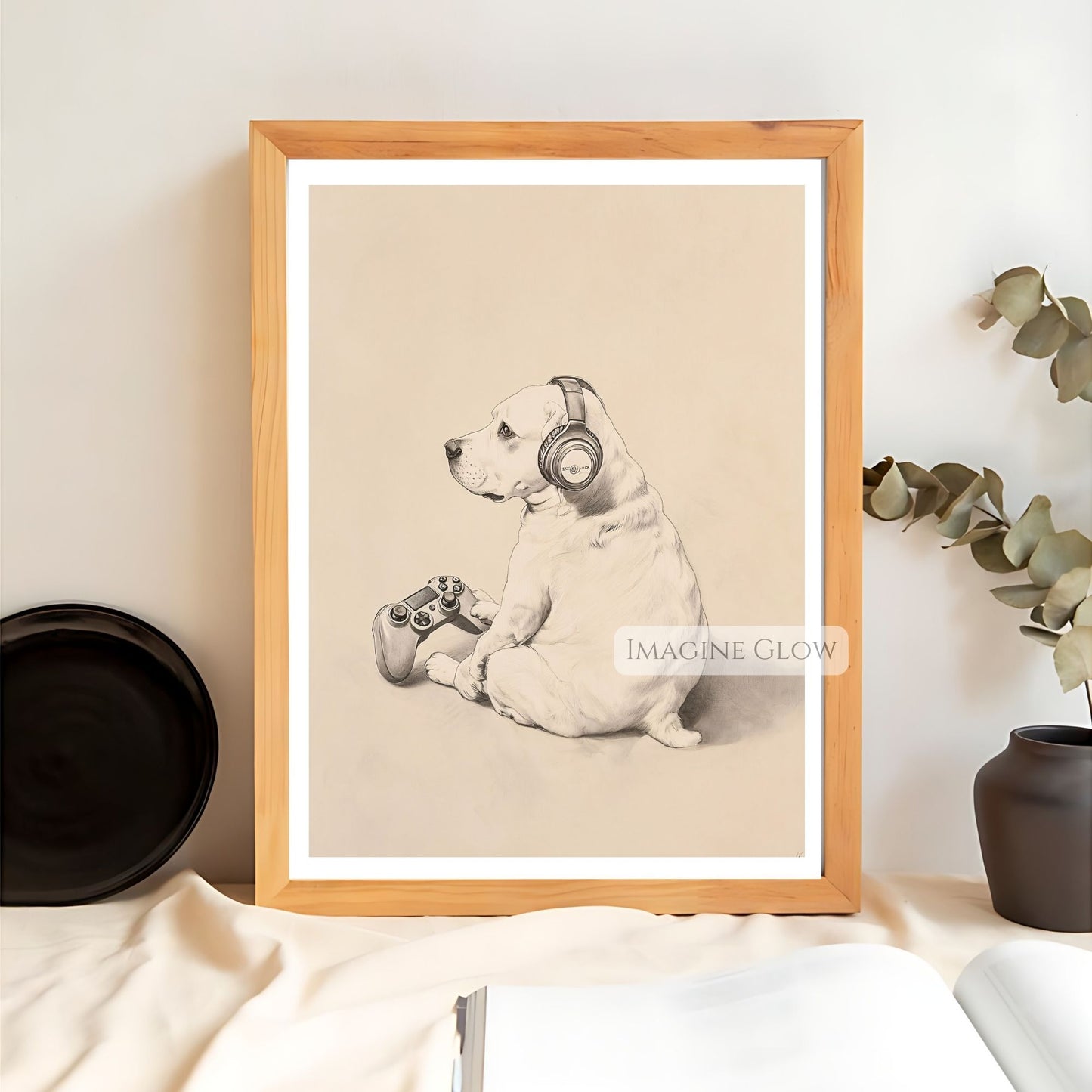 Gamer dog holding a controller wall print