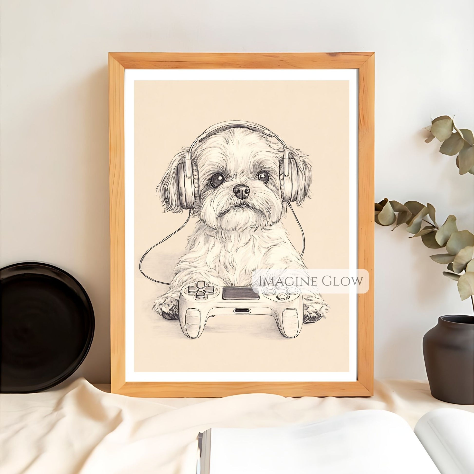 Cool dog wearing headphones playing video games