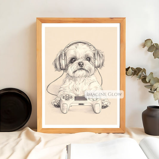 Cool dog wearing headphones playing video games