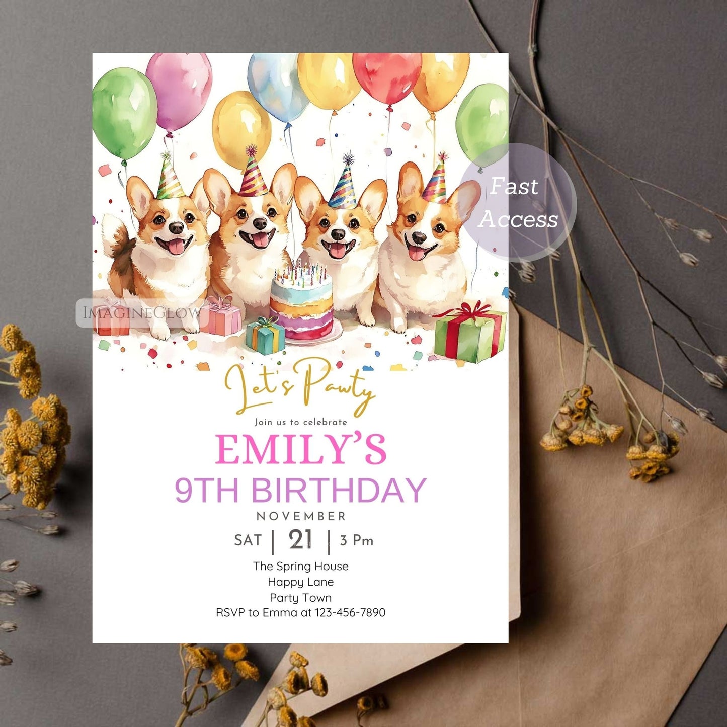 Corgi birthday invitation with a cute puppy illustration.
