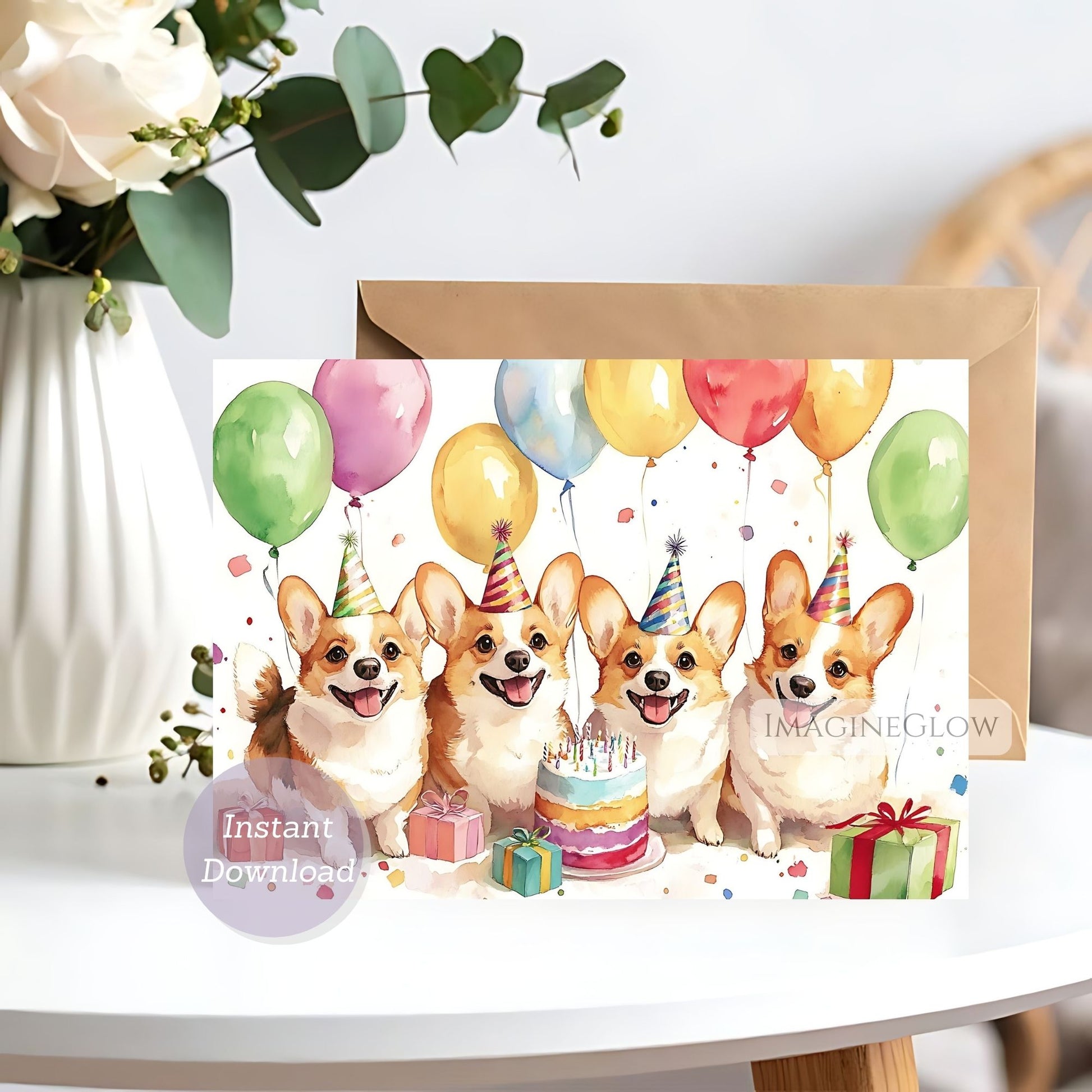 Birthday card with corgi dogs, balloons, and a cake on a white surface.