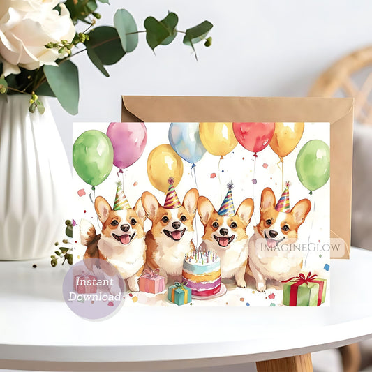 Birthday card with corgi dogs, balloons, and a cake on a white surface.