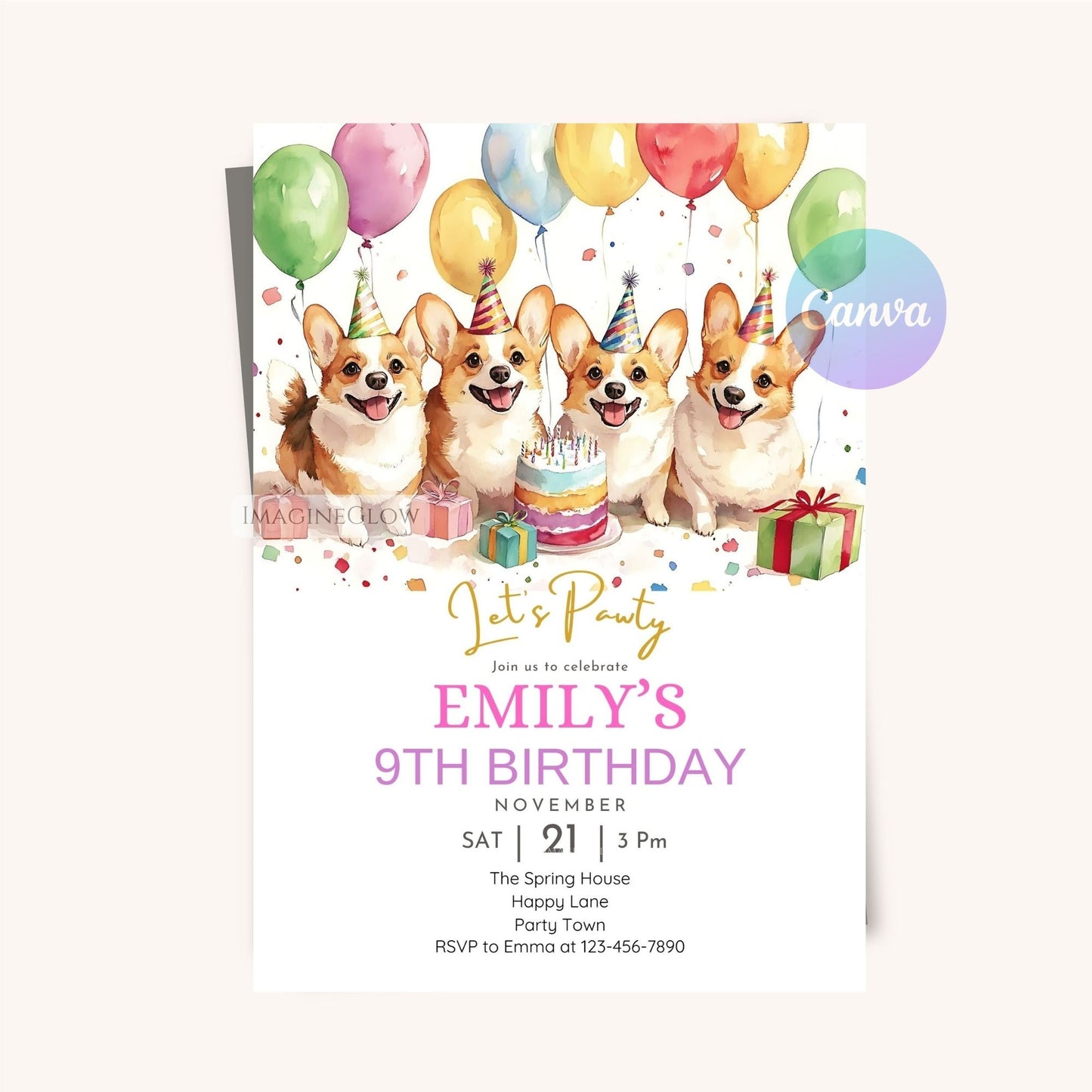 Printable dog party invitation featuring a Corgi.